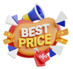 Best Price badge with discount tags and a megaphone.